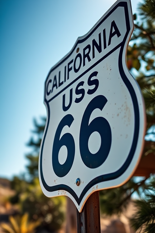 Create a high-resolution image of a California US 66 road sign, using a Canon EOS 5D Mark IV camera, aperture f/8, shutter speed 1/125s, ISO 100, captured from a slight angle to emphasize the sign's shape and details.
