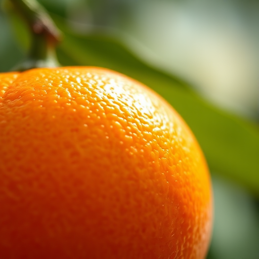Close-up shot of a ripe orange with soft natural lighting, shallow depth of field, ISO 200, aperture f/2.8, 50mm lens, DSLR camera, macro photography style.