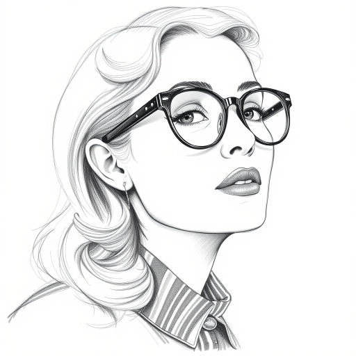 Lovely Carly Chaikin, pencil sketch, portrait of Pleasing woman 1933s in glasses, hair style beatnik, outline, clear lines, fine lines, 8k