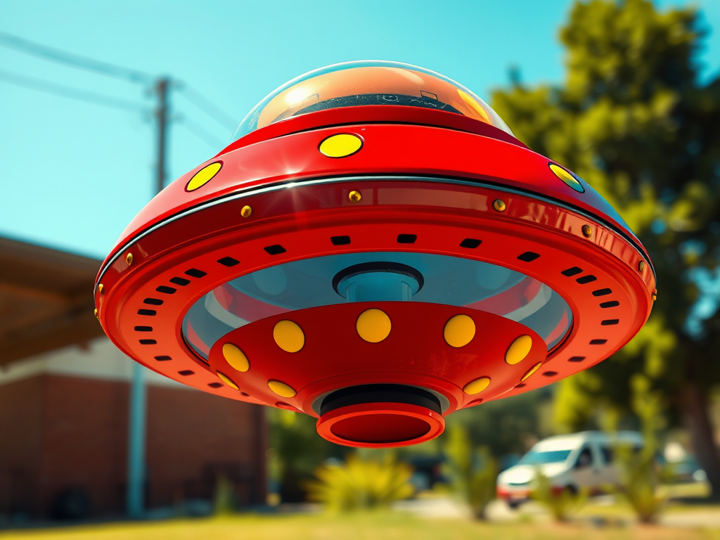 Create a vibrant and detailed illustration of a red UFO with yellow spots and a transparent dome on top, using a digital camera with a 50mm lens, f/2.8 aperture, ISO 100, shot from a low angle in a bright outdoor setting to enhance color saturation and sharpness.