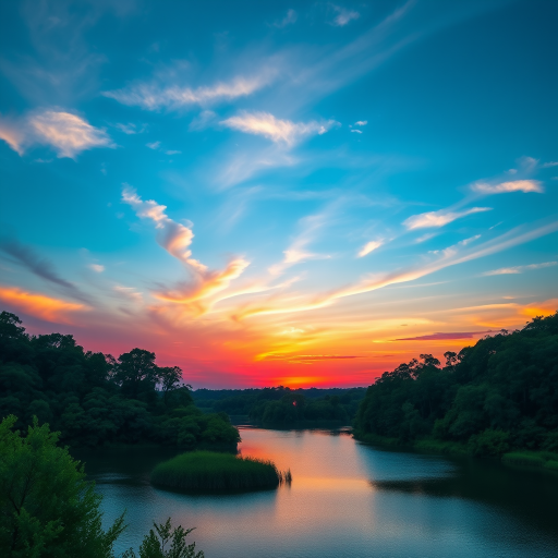 Generate a high-resolution image of a serene landscape featuring a vibrant sunset over a calm lake surrounded by lush greenery, shot with a Canon EOS R5 at f/8, ISO 100, 1/200s, using a wide-angle lens with a view of the horizon to capture the full spectrum of colors in the sky.
