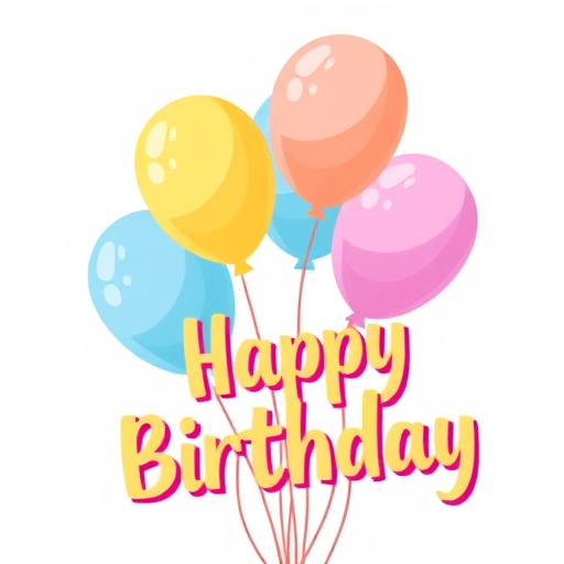 Create a colorful illustration of birthday balloons in various pastel shades including pink yellow blue and orange with a festive text that says happy birthday in playful typography alongside the balloons