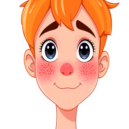 Create a high-resolution digital illustration of a cartoon face with orange hair and freckles, using a 50mm lens at f/2.8, shot from a straight-on view, with a vibrant color palette and smooth vector style.