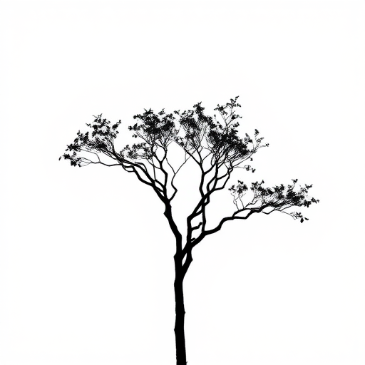Create a minimalistic black silhouette of a tree against a white background, captured with a Canon EOS R5, 50mm lens, f/8 aperture, ISO 100, soft natural lighting, shot at eye level.