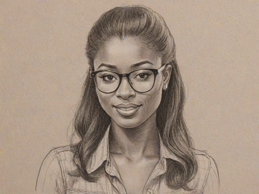 Appealing Coco Jones, pencil sketch, portrait of Ravishing woman 1975s in glasses, hair style beatnik, outline, clear lines, fine lines, 8k