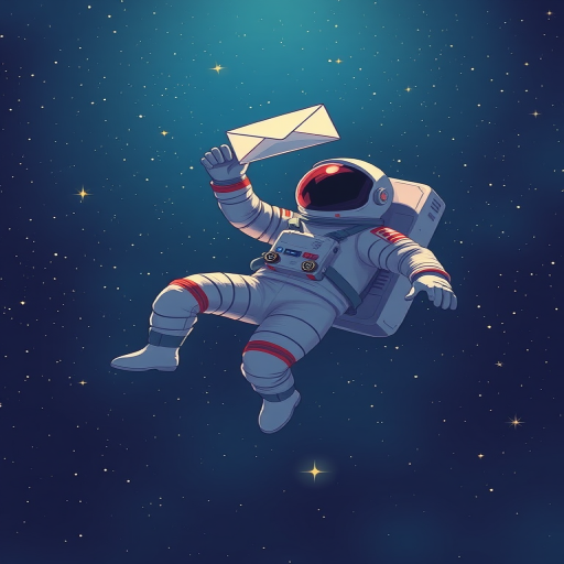 Create a vibrant illustration of an astronaut floating in space reaching for a floating envelope, with a backdrop of bright stars, using a Canon EOS R5 with a 50mm f/1.2 lens, aperture set to f/1.8, ISO 100, and a low-angle perspective to enhance detail and depth.