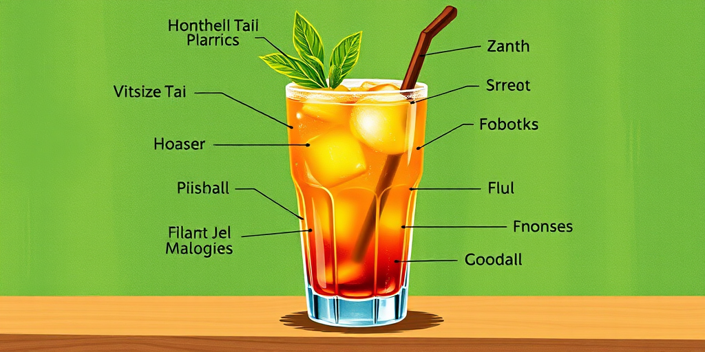 Create a vibrant illustration of a Mai Tai cocktail with clear labeling of ingredients, using a DSLR camera with a 50mm lens, f/2.8 aperture, ISO 100, and a shallow depth of field to enhance color vibrancy and detail against a textured green background.