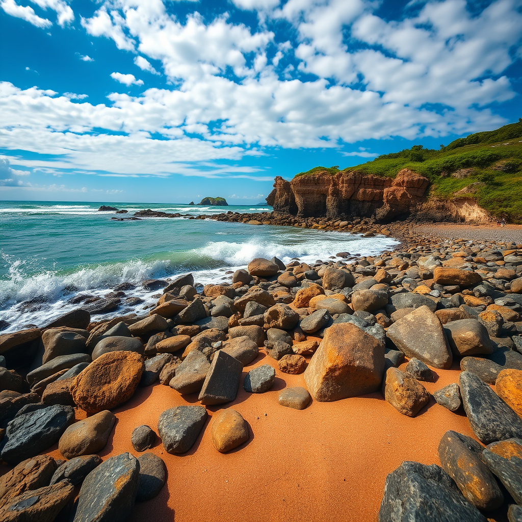 Generate a scenic beach landscape with a rocky shoreline, waves gently breaking over the stones, vibrant blue sky with scattered clouds, use a Canon EOS R5 at f/8, ISO 100, 1/200 sec, wide-angle lens, with HDR processing for enhanced detail and color saturation.