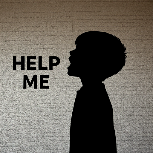 Create a high-resolution image of a silhouette of a boy yelling with the text "HELP ME" beside him on a textured wall background, captured with a Canon EOS R5, 50mm lens, f/1.8 aperture, ISO 100, in natural light, with a shallow depth of field and slightly angled perspective.