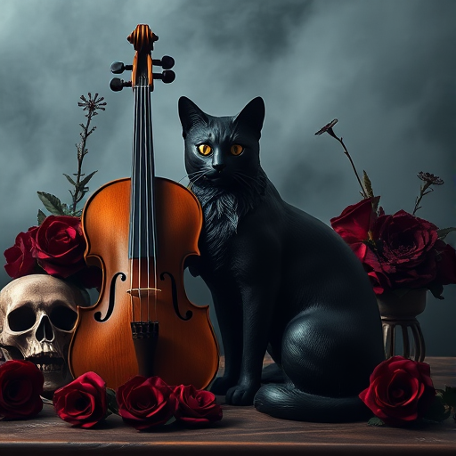 still life of a black cat statue beside a wooden violin, surrounded by decorative skulls, roses, and an eerie foggy background, soft focus, illuminated with dramatic lighting, aperture f/2.8, ISO 200, 50mm lens, DSLR camera, with a low-angle view to enhance the mysterious atmosphere