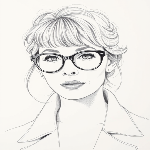 Beautiful Maggie Smith, pencil sketch, portrait of beautiful woman 60s in glasses, hair style beatnik, outline, clear lines, fine lines, 8k