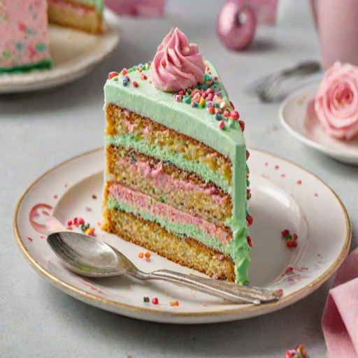 Generate an image of a slice of colorful cake on a white plate. The cake has layers with a light green base, pink frosting on top, and is decorated with small swirls of frosting and edible decorations. Include a shiny, vintage spoon next to the plate. The background should be soft and neutral, enhancing the cake's vibrant appearance.