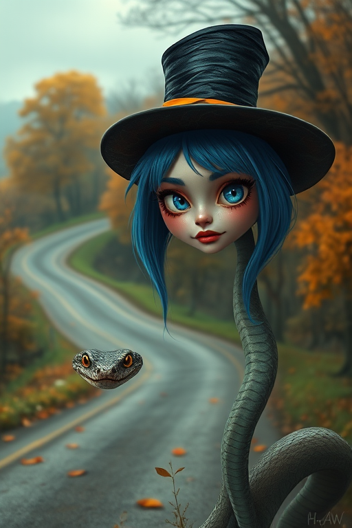digital art fantasy depicting a strange girl with blue hair, long eyelashes, orange lipstick and a tall hat walking along a winding road on an autumn afternoon, an Cobra smiles as she passes
