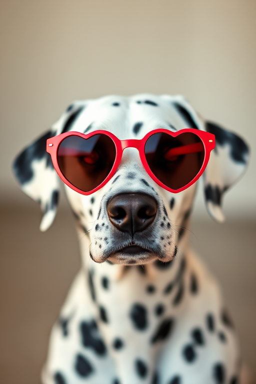 Dalmatian dog wearing heart-shaped sunglasses, soft natural lighting, portrait view, shallow depth of field, DSLR camera, f/2.8 aperture, ISO 200, 50mm lens.