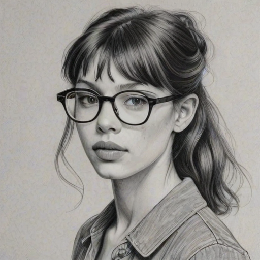 Appealing Astrid Berges-Frisbey, pencil sketch, portrait of Elegant woman 1973s in glasses, hair style beatnik, outline, clear lines, fine lines, 8k