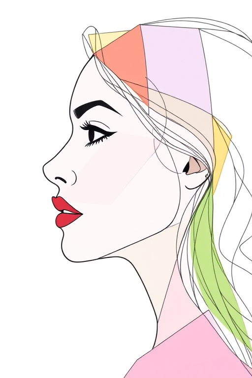 Create an abstract line art portrait of a woman's profile with colorful geometric shapes in soft pastel colors, shot with a Canon EOS R5 at f/2.8, ISO 100, 50mm lens, in natural light for enhanced clarity and detail.