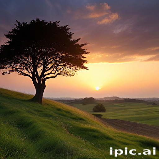 Serene Sunset Over Rolling Hills with a Solitary Tree Silhouette