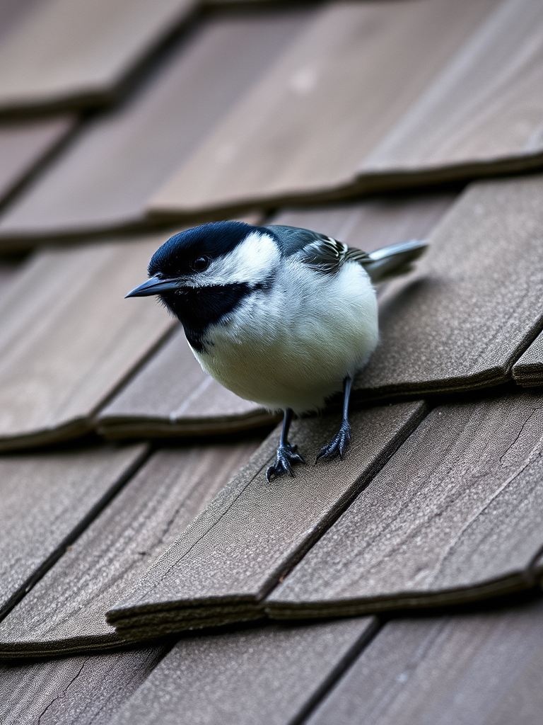 A close-up shot of a black and white bird perched on textured wooden shingles, natural light, f-stop 5.6, shutter speed 1/200s, ISO 400, DSLR camera, portrait orientation.