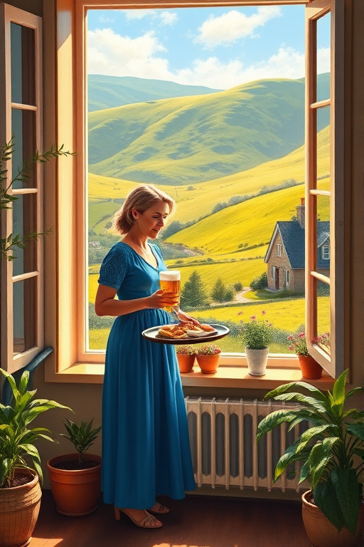 In "A Glass of Beer on the Highland," a serene scene is depicted in a sunlit room where a woman in a vibrant blue dress stands by a large window. She holds a tray with a hearty meal and a frothy glass of beer, embodying a moment of relaxation. Outside, the breathtaking highland landscape features rolling green hills and a charming traditional house, all bathed in warm afternoon light. The interior is adorned with potted plants, creating a harmonious blend of comfort and nature. The painting beautifully captures the tranquility and joy found in simple pleasures amidst stunning scenery