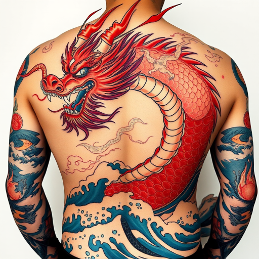 Irezumi-inspired full back tattoo of a fierce dragon emerging from crashing waves, featuring vibrant colors and traditional Japanese motifs blended with modern tattooing techniques