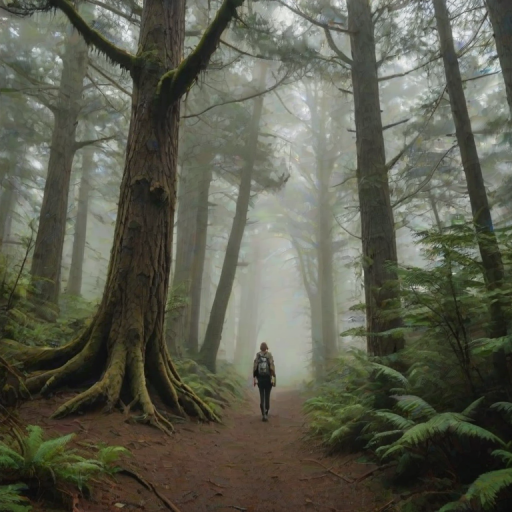 Fog-covered forest trail, ancient trees towering on either side, a woman with a hiking backpack stops to take a deep breath, appreciating the peaceful silence.