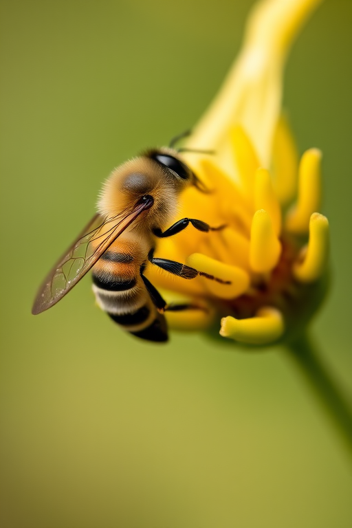 Close-up shot of a bee on a yellow flower bud, using a DSLR camera with a 100mm macro lens, aperture f/2.8, shutter speed 1/500s, ISO 100, natural light, shallow depth of field for enhanced detail and smooth background blur.