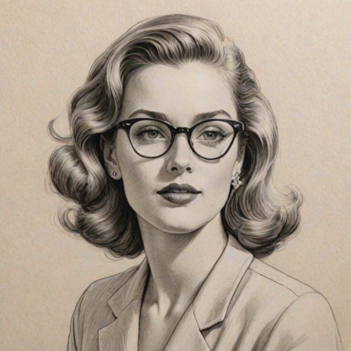 Lovely Kara Killmer, pencil sketch, portrait of Dazzling woman 1942s in glasses, hair style beatnik, outline, clear lines, fine lines, 8k