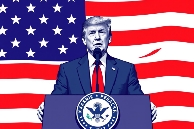 Create a digital illustration of a generic politician speaking at a podium, American flag in the background, using a vector art style, shot with a Canon EOS R5, ISO 100, f/4.0, 50mm lens, frontal view, high contrast colors for enhanced visual impact.