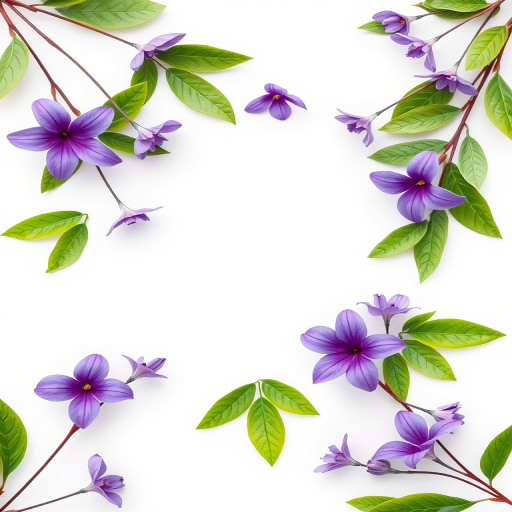 Generate a floral frame design with vibrant green leaves and purple flowers, centered on a clean white rectangular space for text, captured using a high-resolution DSLR camera, 50mm lens, f/1.8 aperture, natural light, top-down view for enhanced detail and clarity.