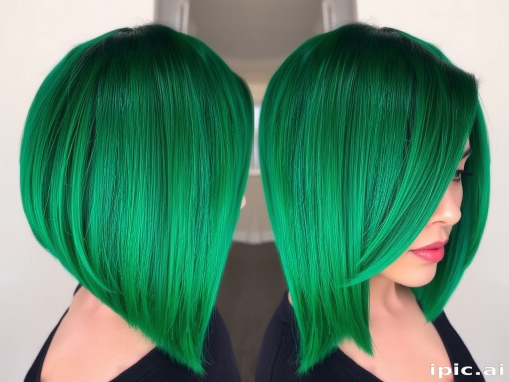 Bold emerald green bob cut dubbed "Jade Empress" featuring blunt ends, sleek straight texture, deep side part with long side-swept bangs, vibrant teal undertones peeking through, high-shine finish for a polished look