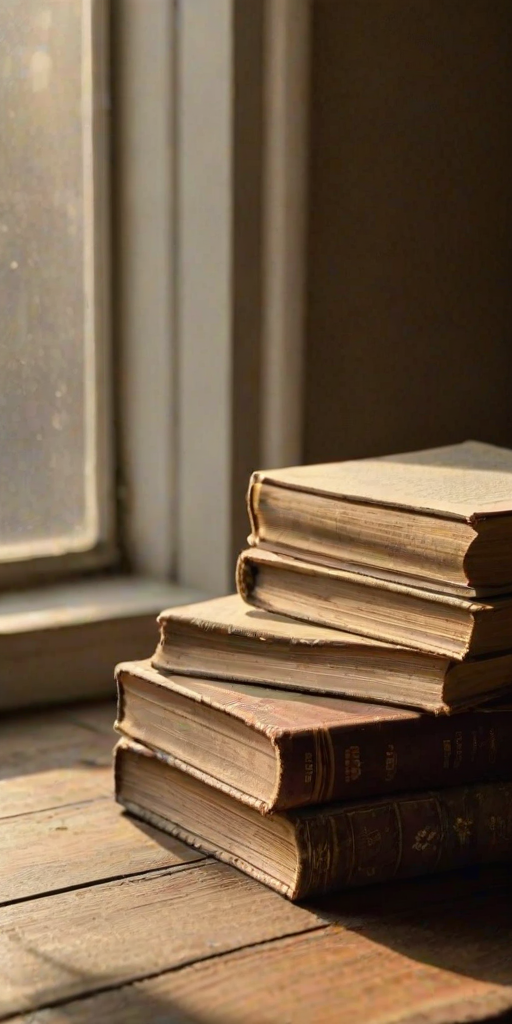 Softly lit image of a stack of old books on a wooden table, their pages yellowed with age, with soft natural light from a nearby window casting gentle shadows and creating a sense of nostalgia.