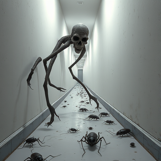 a crooked male with long arms and a creepy smile is crawling along a long white corridor and you can also see cockroaches in it there is a creepy atmosphere creepy art style