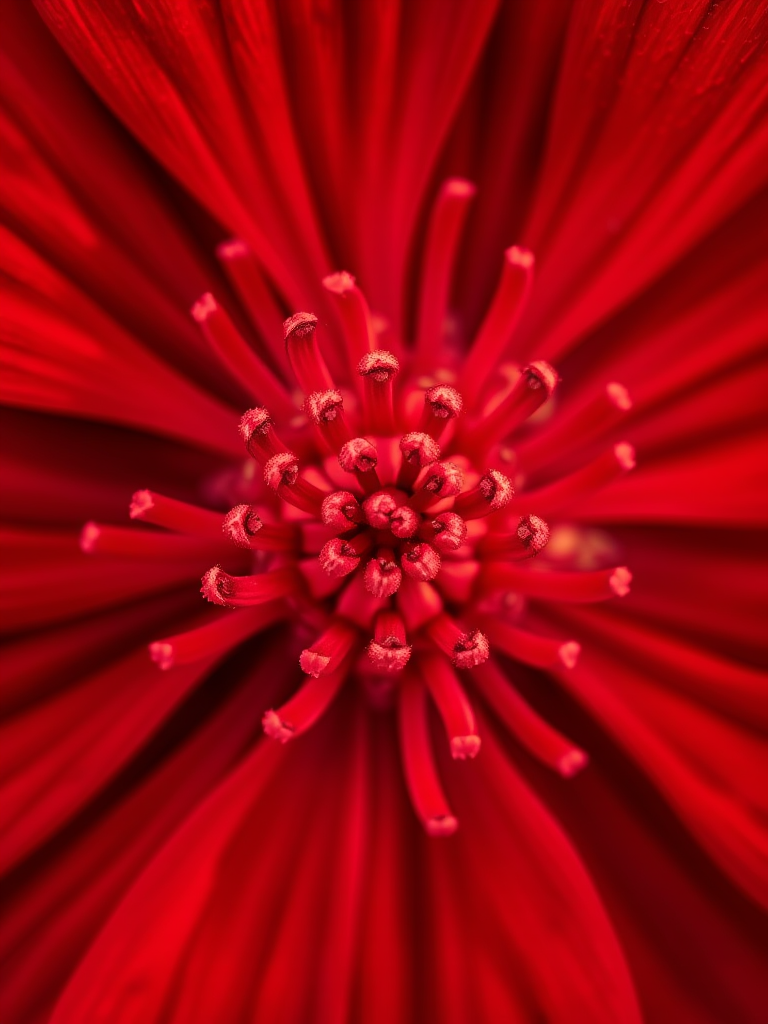 macro shot of a vibrant red flower with intricate petals and detailed textures, using a Canon EOS 5D Mark IV with a 100mm f/2.8L macro lens, aperture f/4, shutter speed 1/200s, ISO 200, shot from a top-down angle to emphasize the flower's structure and vivid colors.