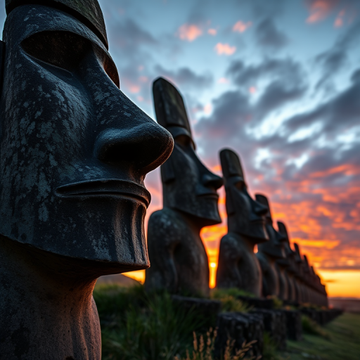 moai statues on easter island at sunset, high dynamic range, f/8 aperture, ISO 100, 24mm lens, soft focus, low angle view, DSLR camera, vibrant colors and sharp details