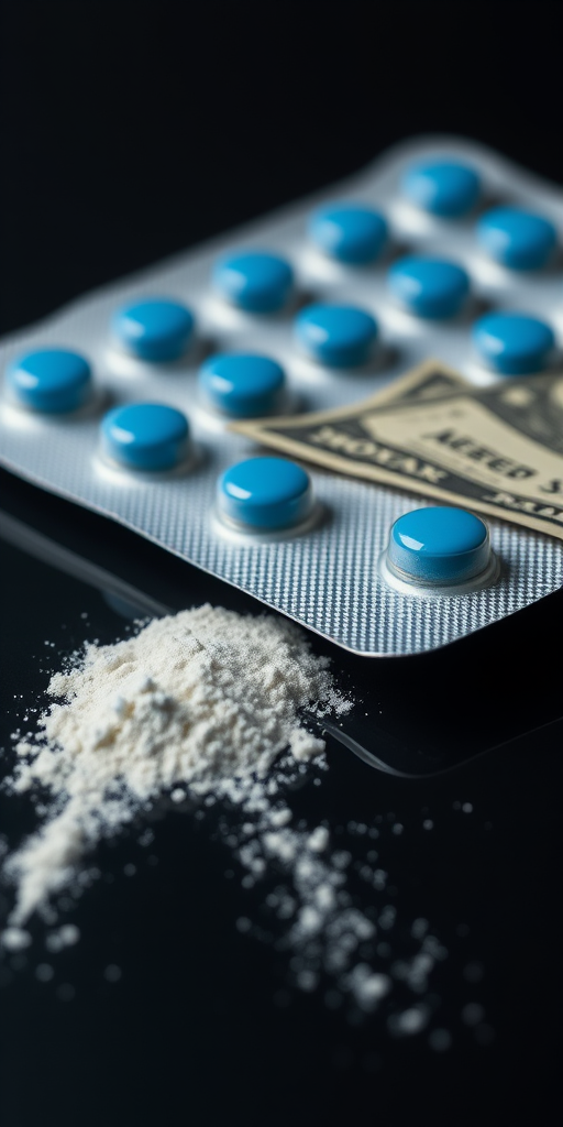 Close-up shot of a blister pack of blue pills, crumpled dollar bill, and a line of white powder on a reflective surface, using a DSLR camera with a 50mm lens, aperture f/2.8, ISO 100, 1/125 sec, soft diffused lighting for enhanced detail.
