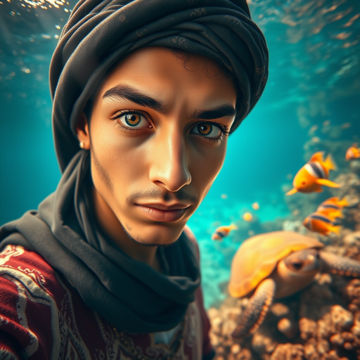 Realistic selfie image of a Sahrawi, wearing a vintage outfit, detailed dreamy eyes, droopy hooded eyes, staring at the camera, taken underwater at coral reef with a sunbeam filtering through the water, vibrant, summer vacation, natural lighting, turtle and school of tropical fish with vibrant colors, rendered in the style of CryEngine, Pegi Nicol MacLeod, with realistic genre scenes, hauntingly beautiful narratives, ultra-realism, and Thomas Saliot's close-up technique, 8K resolution, crystal clear and sparkling water.