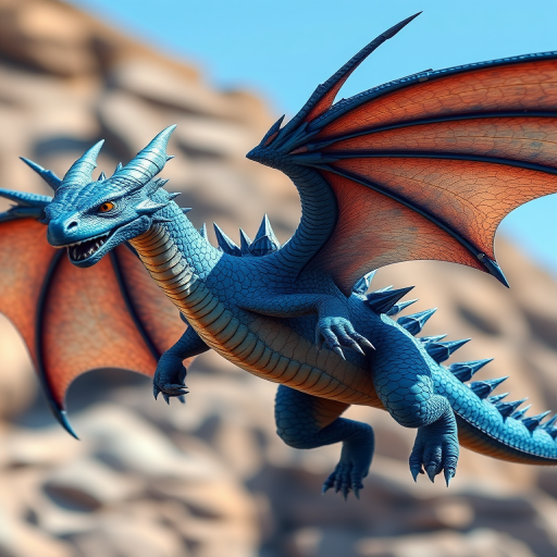 Create a high-resolution image of a blue dragon with spiky crystals on its back, mid-flight with wings spread wide, shot in 4K resolution using a DSLR camera with a 50mm lens, f/2.8 aperture, ISO 100, and natural lighting.