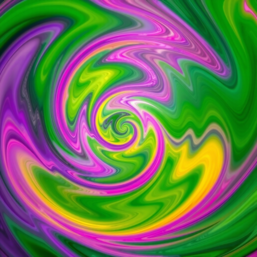 Create a vibrant spiral pattern with swirling colors of green, purple, pink, and yellow, using a Canon EOS R5 camera, ISO 100, f/8 aperture, 50mm lens, shot from a top-down view in high dynamic range style.