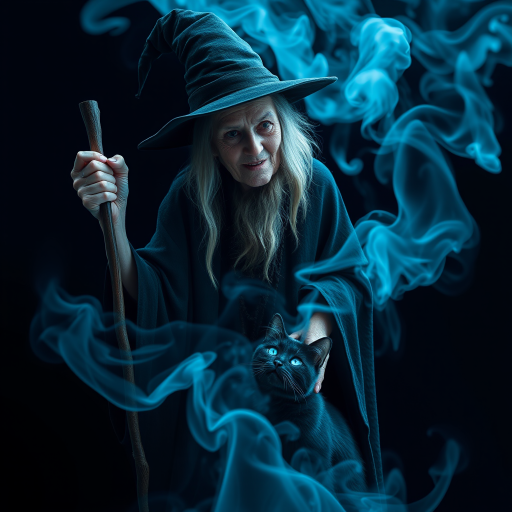 Close-up of a mysterious old crone female witch and her cat made of blue smoke are standing in the dark cackling evilly at the viewer. The smoke is a deep blue, and the background is black. The crone is wearing a long, flowing robe and has a pointed hat on her head. She is holding a staff in one hand and has a mischievous look on her face. The cat is sitting at her feet, looking up at her with glowing blue eyes. The smoke around them is swirling and shifting, as if it has a life of its own. The overall effect is eerie and magical.