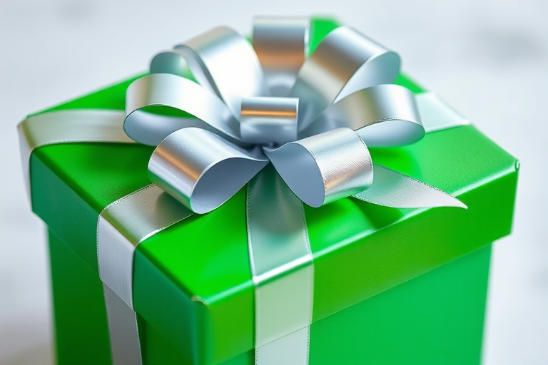 Regenerate a vibrant green gift box with a shiny silver ribbon and bow, captured from a close-up angle using a DSLR camera with a 50mm lens, aperture set to f/2.8, ISO 100, and natural lighting for enhanced color saturation and detail.