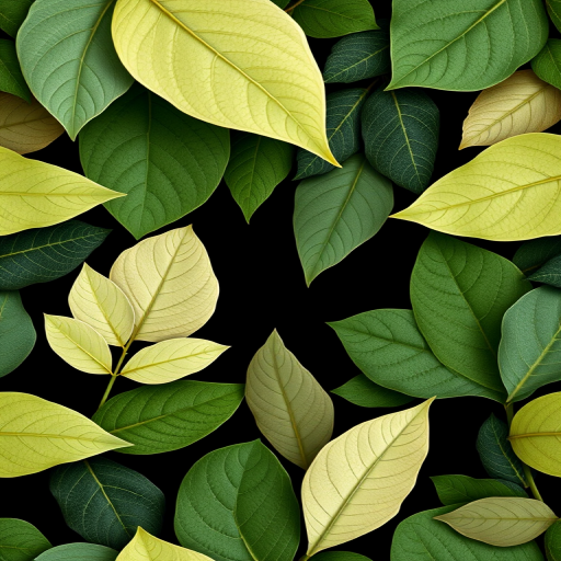 Create a high-quality seamless pattern of various leaves in a minimalist style, use a DSLR camera with a 50mm lens, f/2.8 aperture, ISO 200, and a top-down view for enhanced clarity and detail.