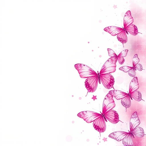 Regenerate an image of a watercolor design featuring a variety of butterflies in shades of pink and purple. The butterflies should be arranged along one side of the image, creating a soft and delicate border effect. The background should be light and airy, enhancing the ethereal quality of the butterflies. Include subtle splashes of color to add depth and interest.