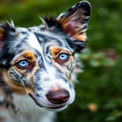 Close-up of a blue merle Collie with striking blue eyes on a blurred green background, shot with a Canon EOS R5 at f/2.8, ISO 100, 50mm lens, natural light, shallow depth of field.