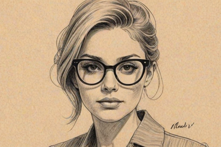 Graceful Mariana Trevi'o, pencil sketch, portrait of Appealing woman 1966s in glasses, hair style beatnik, outline, clear lines, fine lines, 8k