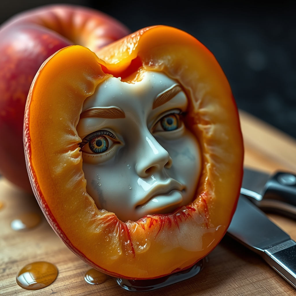 A hyperdetailed photorealistic macro color saturated high resolution image of a peach cut in half, with the peach pit being a highly detailed sculpted woman's face with her eyes open and peach-colored irises. The face has a marble texture. The image includes condensation, moisture, and peach juice. The peach is on a wooden cutting board with a small fruit knife nearby, also covered with juice.