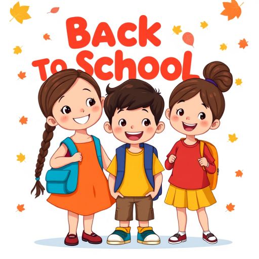 Create a vibrant and engaging illustration of three cartoon children celebrating "Back to School," featuring a girl with braids in an orange dress, a boy in a yellow shirt and blue backpack, and a girl with a bun in a red shirt, set against a light blue background with autumn leaves gently falling, using a digital art style, in a high-resolution format with a focus on bright colors and clean lines, simulated camera settings: f/8 aperture, ISO 100, 35mm lens, soft natural lighting for a cheerful atmosphere.