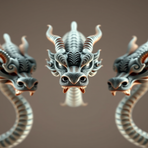 Create a high-resolution image of three stylized dragon heads with intricate swirling designs, using a Canon EOS 5D Mark IV with a 50mm f/1.8 lens, set to ISO 100, aperture f/8, and a shutter speed of 1/200 sec, shot from a front view with soft lighting to enhance details and colors.