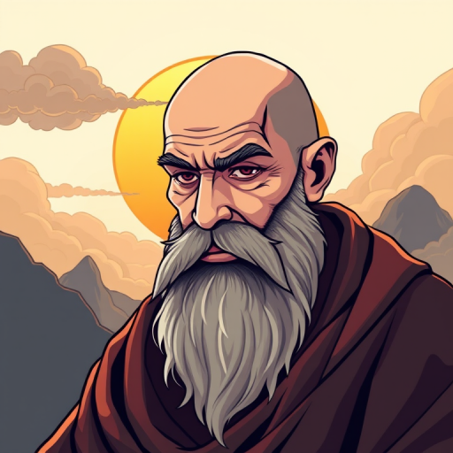 Create a detailed illustration of a wise monk with a bald head and a long beard, surrounded by stylized clouds and a rising sun in the background, using a high-resolution digital illustration technique at 300 DPI, with a focal length of 50mm, aperture set to f/5.6, and a warm color palette for enhanced depth and vibrancy.