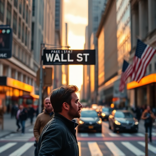 Create an image of a busy urban street with a focus on a Wall Street sign, a male figure contemplating in the foreground, layered with financial symbols and American flag elements, captured at sunset using a DSLR camera with a 50mm lens, aperture set to f/1.8, ISO 100, with a shallow depth of field to enhance detail in the subject while softly blurring the background.
