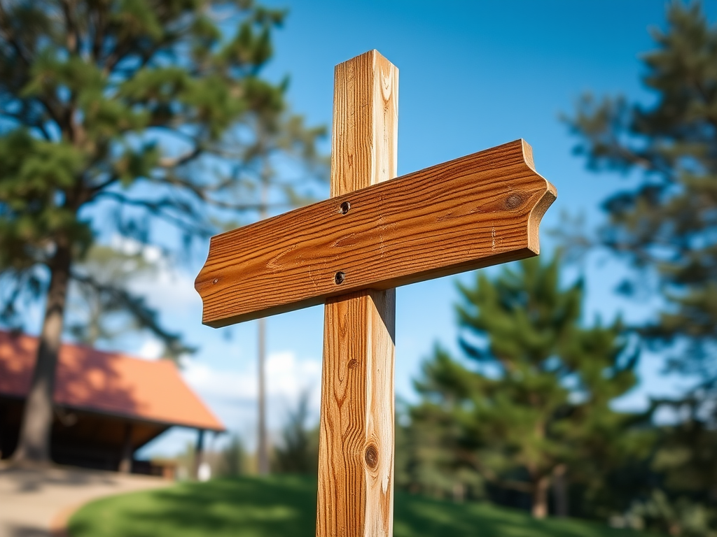 Create an image of a wooden signpost in an outdoor setting, using a DSLR camera with a 50mm lens, f/2.8 aperture, ISO 100, shot from a low angle with natural lighting to enhance detail and texture.
